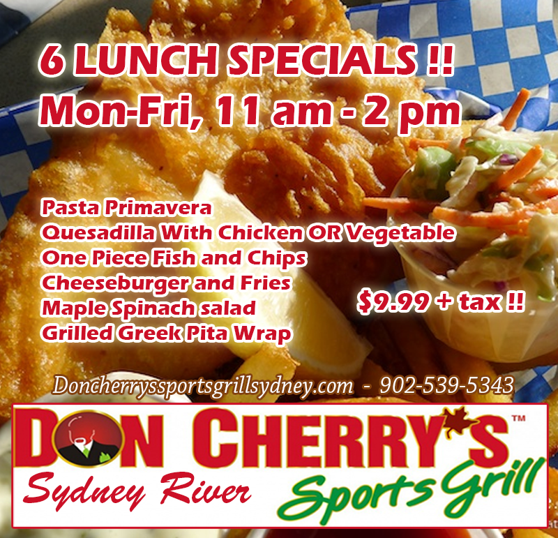 6 Lunch Specials For 9.99 Plus Tax Don Cherry's Sports Grill Sydney NS
